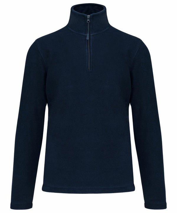 A Kariban KB912 navy blue long-sleeve fleece pullover with a quarter-zip front and a high collar.