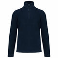 The Kariban KB912 is a navy blue fleece jacket featuring long sleeves, a high collar, and a half-zip closure at the front. Displayed on a plain white background, it highlights its straightforward and timeless design.