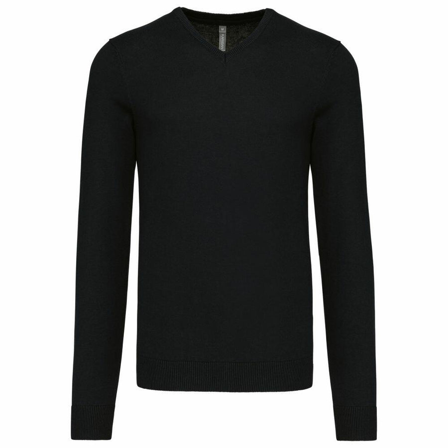 The Kariban KB965 is a plain black V-neck sweater with long sleeves.