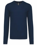 A plain, long-sleeve, dark blue V-neck sweater from Kariban, identified as product KB965, is displayed against a white background.