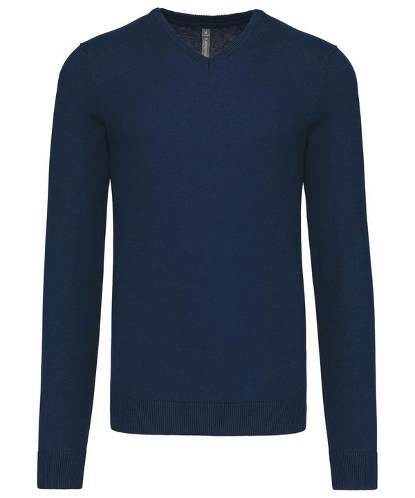 A plain, long-sleeve, dark blue V-neck sweater from Kariban, identified as product KB965, is displayed against a white background.