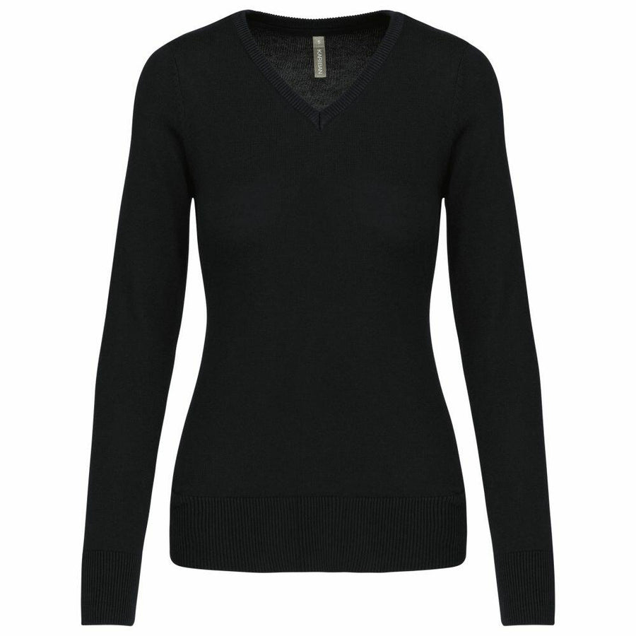 A Kariban KB966 dark green V-neck sweater with long sleeves, set against a plain white background.