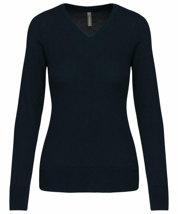 A black v-neck, long-sleeve sweater with ribbed cuffs and hem, the KB966 by Kariban.