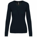 The KB966 sweater by Kariban is a plain black, long-sleeve V-neck design, showcased against a white background.