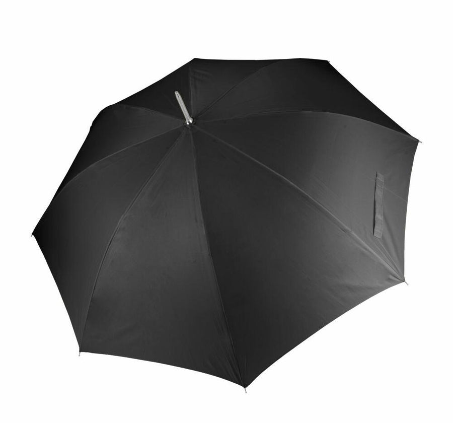 A KiMood KI003 black umbrella, fully open and featuring a silver handle, positioned against a plain white background.