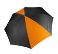 A black and orange KiMood umbrella, model KI003, with alternating panels as seen from above.