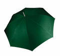 Viewed from above, the KI003 umbrella by KiMood is large with a simple design. It features a smooth, tightly stretched green fabric accented by a silver top and a single black strap on one of its panels.