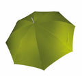 A fully open KI003 green umbrella by KiMood, featuring a metal handle, set against a plain white background.