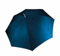 The KI003 umbrella by KiMood is open, showcasing its smooth, large, dark blue canopy and metallic handle against a white background.
