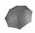 A large, open KI003 gray umbrella from KiMood, featuring a central metal shaft, is viewed from above against a plain white background.