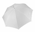 A KI003 umbrella by KiMood, featuring a plain white canopy with a simple metal tip and a looped handle, viewed from above.