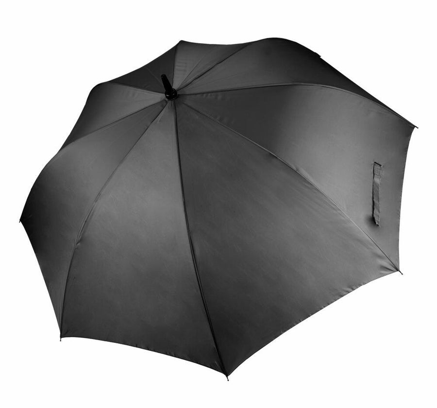 The KI004 umbrella from KiMood is open and viewed from above, showcasing its smooth black fabric and partially visible handle.