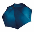The KI004 umbrella by KiMood, featuring a large navy blue canopy, is displayed open from above against a plain white background.