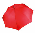 A vibrant red KiMood umbrella (Product Name: KI004) is fully opened, viewed from above. The simple design features a small black handle and eight uniformly red panels.