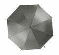 A top view image of the KI006 by KiMood, featuring a fully open, gray canopy with smooth fabric and eight metal ribs radiating from a central hub. The handle is not visible.