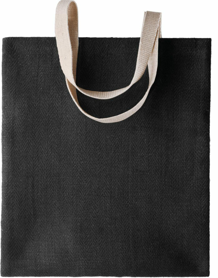 Introducing the KI009 by KiMood: a sleek black tote bag featuring elegant cream-colored handles, showcased against a simple backdrop.