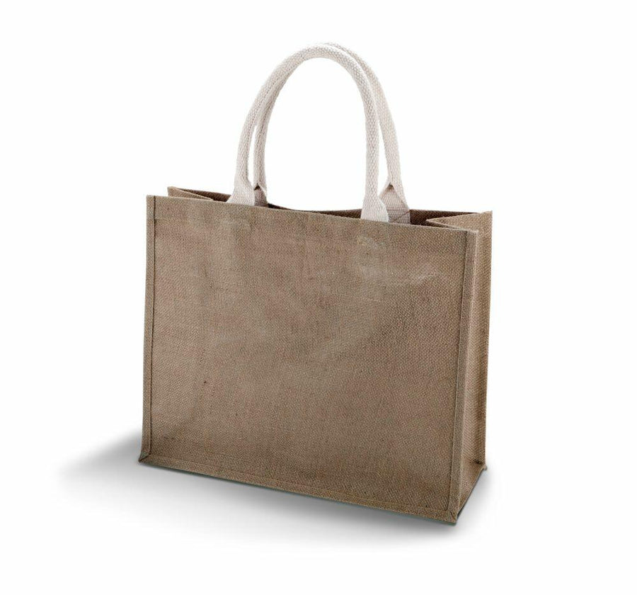 The KI011 jute tote bag from KiMood features a brown design with two white handles and is displayed standing upright against a white backdrop.