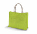 The KI011 tote bag by KiMood features a green jute design with beige handles, set against a white background.