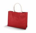 The KI011 by KiMood is a red reusable shopping bag featuring sturdy white handles, standing upright. Crafted from textured fabric, its straightforward rectangular design is beautifully highlighted by the strong, contrasting handles.