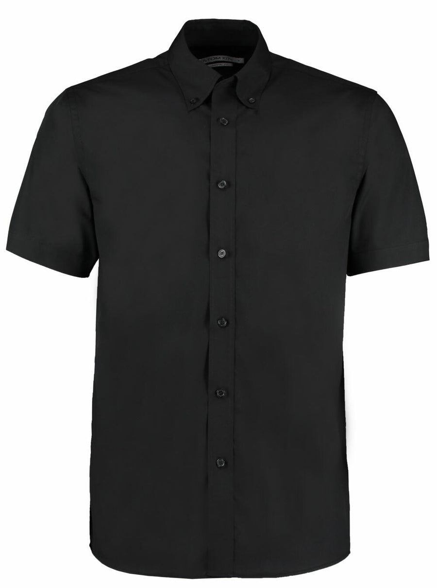 The KK100 by Kustom Kit is a short-sleeved black button-up shirt with a collar, showcased against a plain white background.