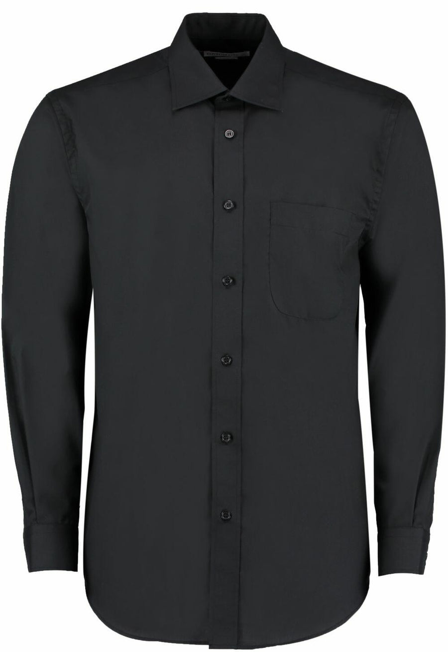 A Kustom Kit KK104 long-sleeved black dress shirt featuring a front pocket and buttons.