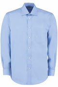 A long-sleeve button-up shirt in light blue, featuring a front pocket, by Kustom Kit (Product Name: KK104).