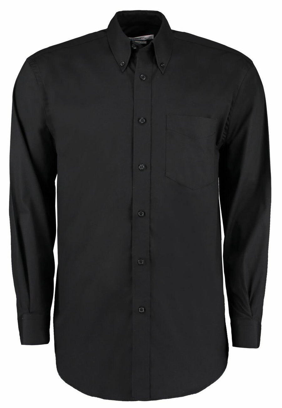 The KK105 by Kustom Kit is a black long-sleeve button-up shirt featuring a front chest pocket and a folded collar.