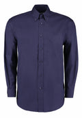 Kustom Kit KK105 dark blue long-sleeve button-up shirt, featuring a collar and a chest pocket, displayed against a plain white background.