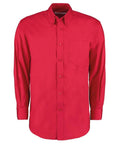 The KK105 shirt by Kustom Kit is a red long-sleeve button-up with a classic collar and a chest pocket.