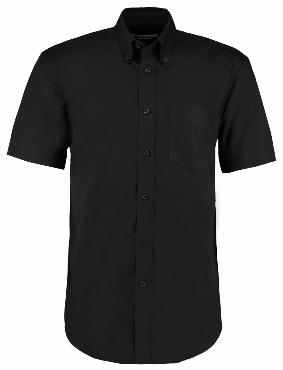 KK109 by Kustom Kit is a short-sleeved, button-up black shirt featuring a left chest pocket, displayed on a white background.