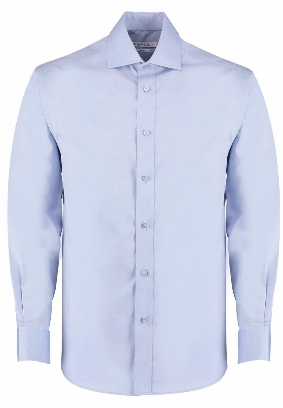 A KK118 light blue button-up dress shirt by Kustom Kit, featuring a classic collar and long sleeves.