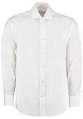 The KK118 by Kustom Kit is a white button-down dress shirt featuring a classic collar and long sleeves.