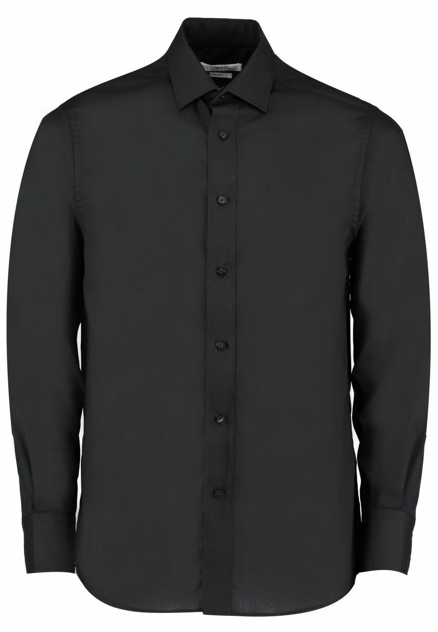 Kustom Kit's KK131, a black long-sleeve button-up shirt featuring a collar and cuffs, is displayed on a plain background.