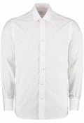KK131 by Kustom Kit, a white dress shirt featuring buttons, long sleeves, and a pointed collar, showcased against a plain background.