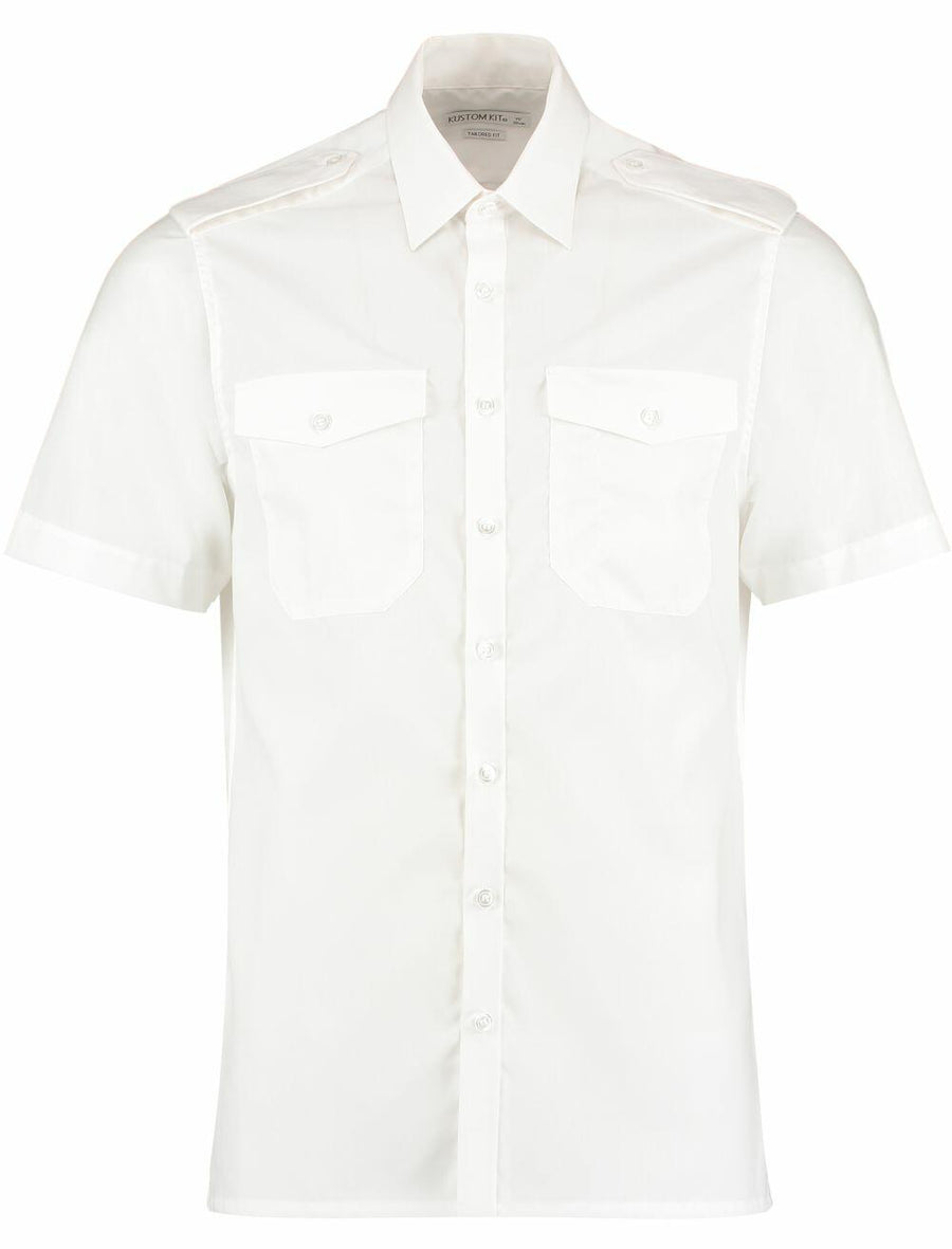Kustom Kit KK133 short-sleeve button-up white shirt featuring a collar and two front pockets.