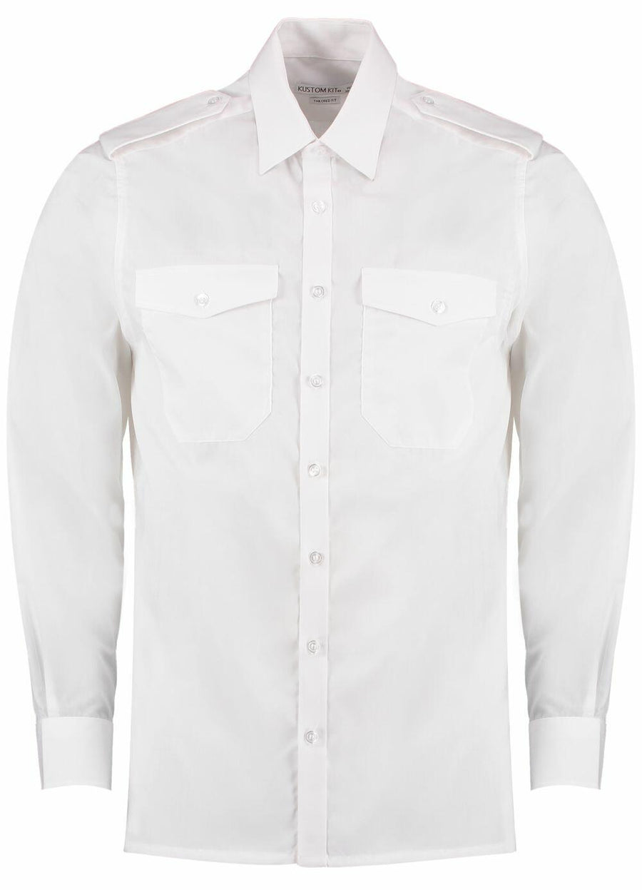 KK134 by Kustom Kit, a white long-sleeve dress shirt featuring two chest pockets and a button-down front, displayed against a plain background.