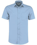 Kustom Kit KK141 light blue short-sleeve button-up shirt with a single front pocket, displayed on a plain white background.