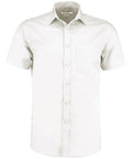 The KK141, a plain white short-sleeve button-up shirt with a front pocket by Kustom Kit, is displayed against a white background.