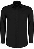 A Kustom Kit black long-sleeve KK142 button-up shirt featuring a front pocket and collar.