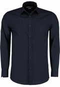 The KK142 by Kustom Kit is a black button-up dress shirt featuring a chest pocket and a pointed collar.