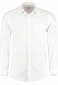 The KK142 by Kustom Kit is a crisp white long-sleeve dress shirt featuring a button-down front and a single chest pocket, displayed against a plain white background.