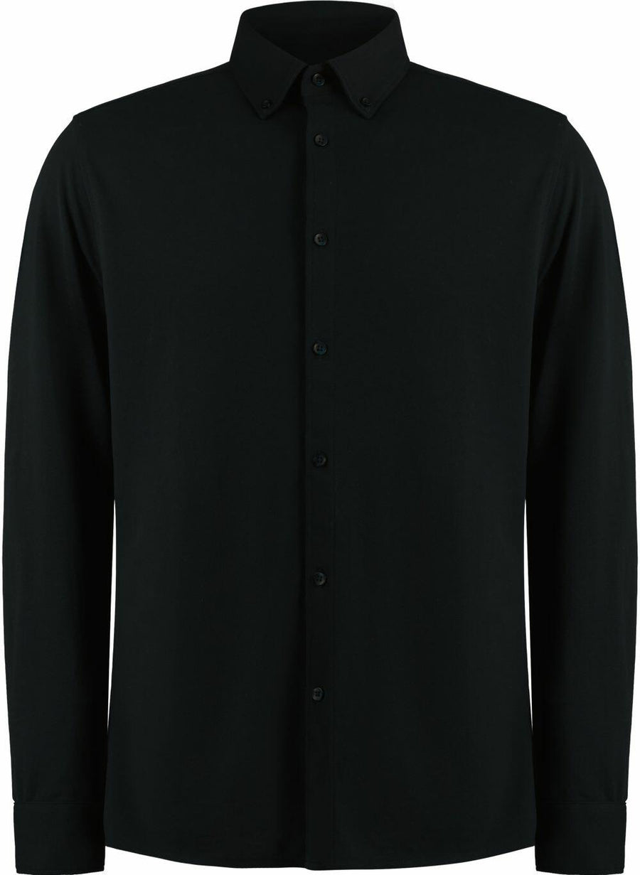 A black long-sleeve button-up shirt with a pointed collar, known as the KK143 from Kustom Kit.