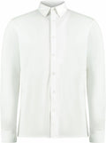 The KK143 button-up shirt from Kustom Kit features a plain white design with a pointed collar and long sleeves, neatly ironed and fully buttoned, displayed against a white background.