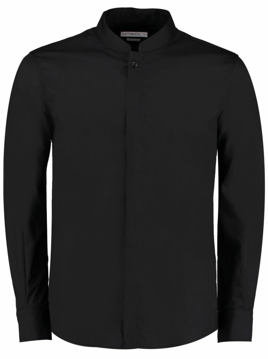 Kustom Kit's KK161 features a sophisticated black shirt with a mandarin collar, long sleeves, and a hidden button placket.