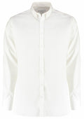 A Kustom Kit KK182 plain white, long-sleeved button-up shirt with a collar, displayed against a white background.