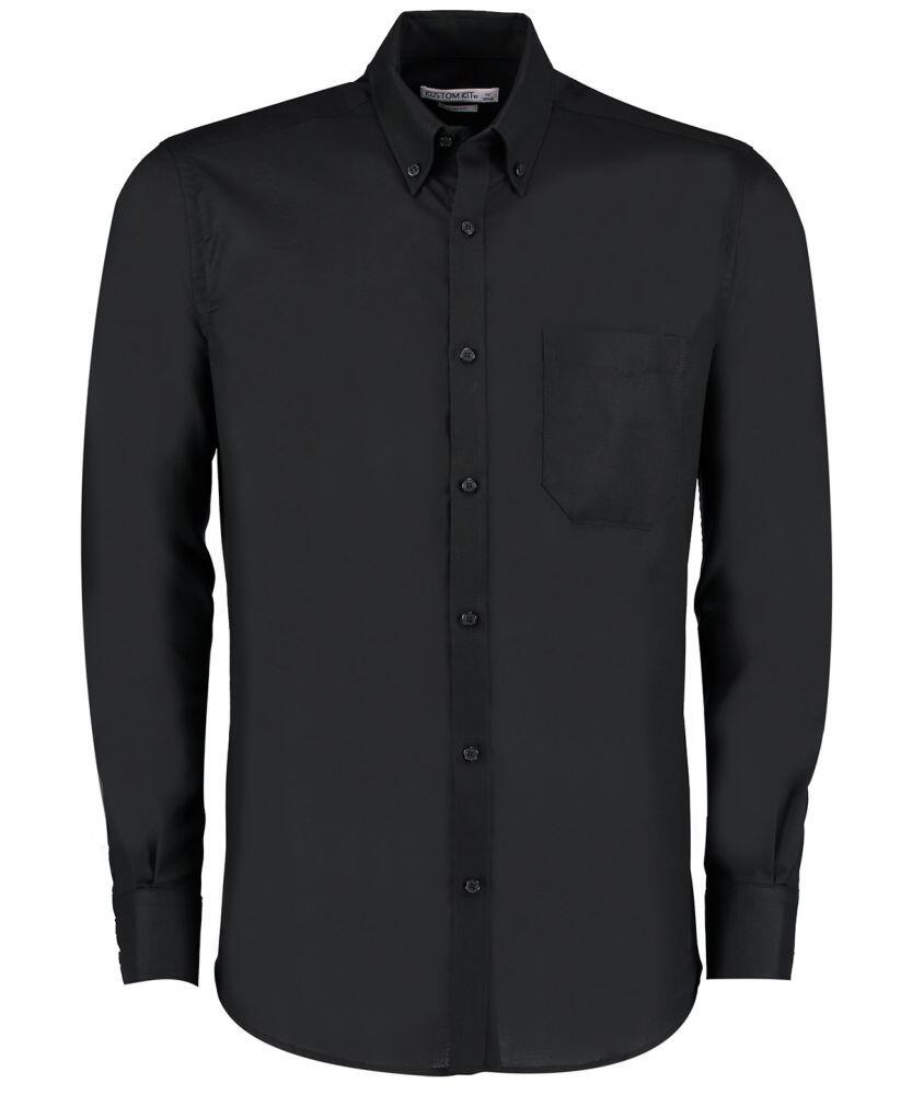 A black KK184 button-up long-sleeve shirt by Kustom Kit, featuring a collar and a chest pocket.