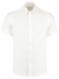 KK187 by Kustom Kit: A white short-sleeve button-up shirt with a collar, displayed on a plain background.