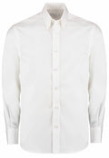 The KK188 by Kustom Kit is a plain white button-up dress shirt featuring long sleeves and a collar.