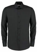 The KK192 by Kustom Kit is a black long-sleeve button-up shirt featuring a collar, showcased against a plain background.
