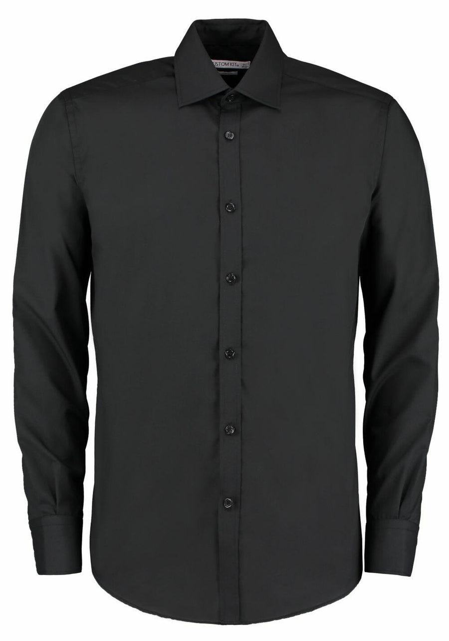 The KK192 by Kustom Kit is a black long-sleeve button-up shirt featuring a collar, showcased against a plain background.